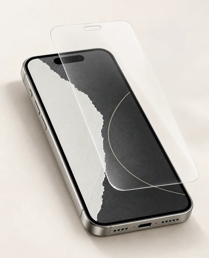 Smartphone mit passgenau zugeschnittener, transparenter Hydrogel-Schutzfolie